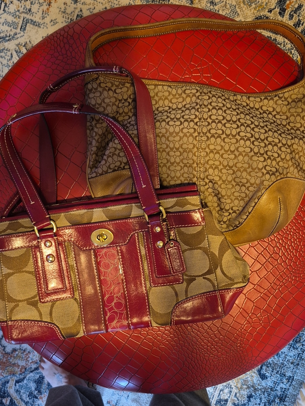 Coach Signature Canvas Shoulder Bag with Burgundy Leather Accents